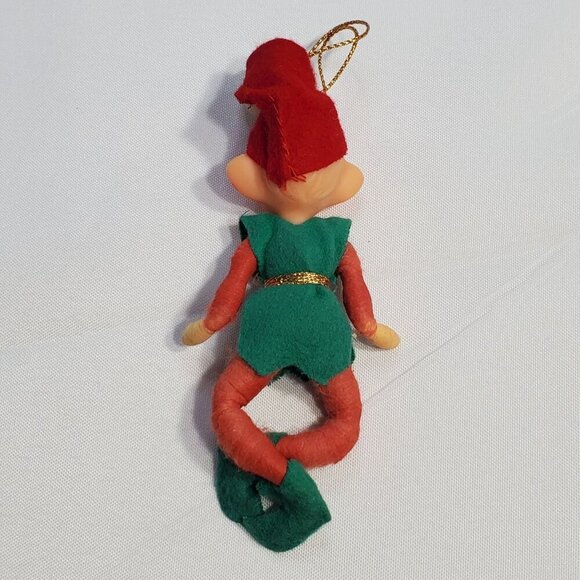Vintage Pixie Elf Elves Christmas Ornament With Green Felt Outfit Red Hat 1950's - Picture 4 of 5